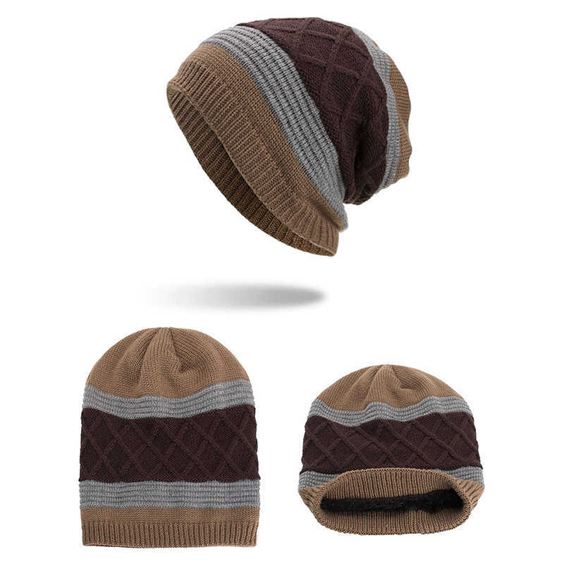 Winter-Stripe-Plaid-Plus-Velvet-Earmuffs-Knitted-Hat-Double-Layers-Slouch-Beanie-Caps-1344362