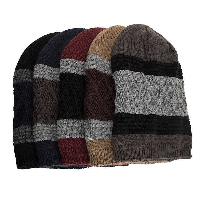 Winter-Stripe-Plaid-Plus-Velvet-Earmuffs-Knitted-Hat-Double-Layers-Slouch-Beanie-Caps-1344362