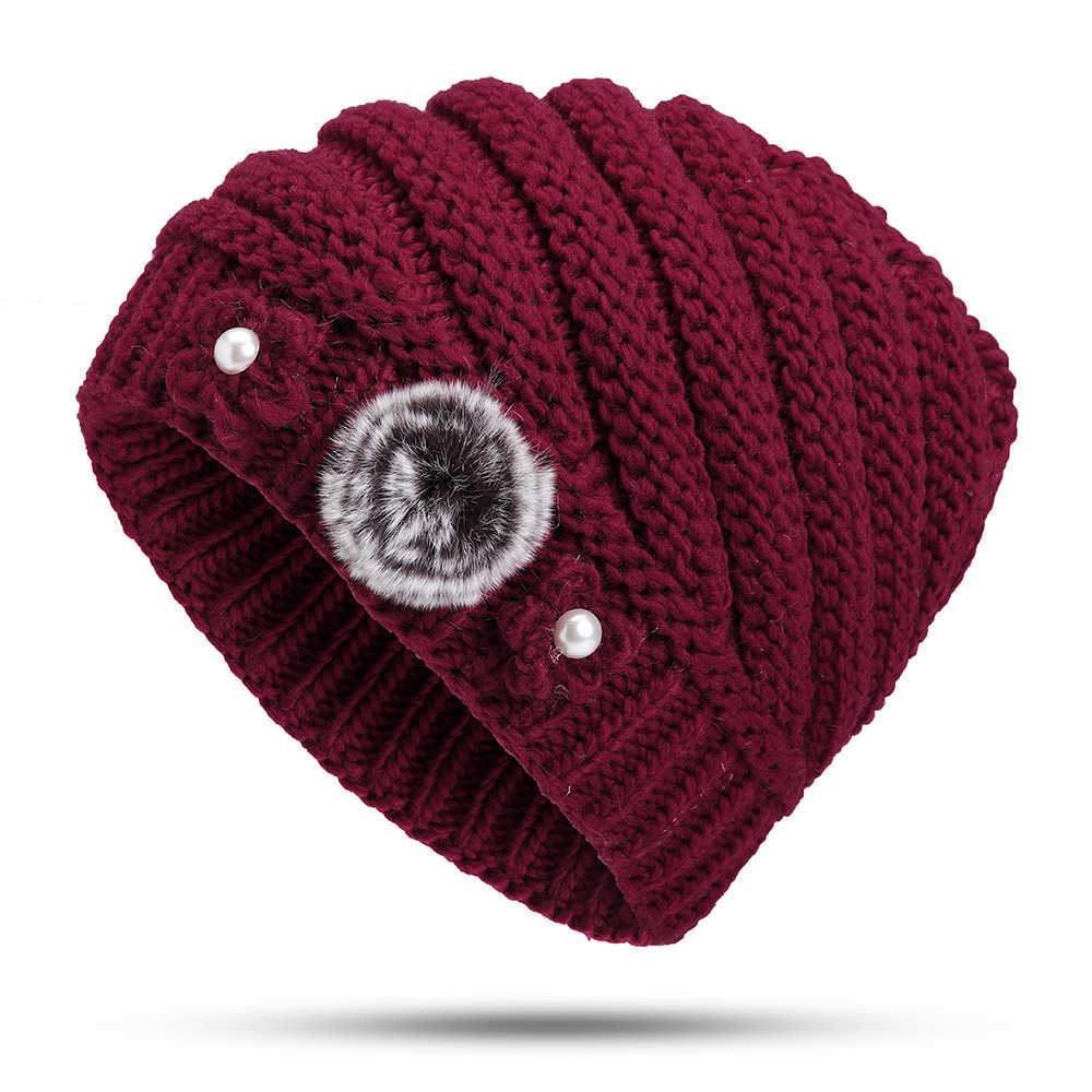 Winter-Warm-Fashion-Lined-Velvet-Two-Pearls-Blossom-Ball-Knit-Weaving-Elegant-Hat-Beanie-1370539