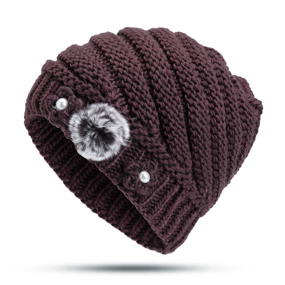 Winter-Warm-Fashion-Lined-Velvet-Two-Pearls-Blossom-Ball-Knit-Weaving-Elegant-Hat-Beanie-1370539