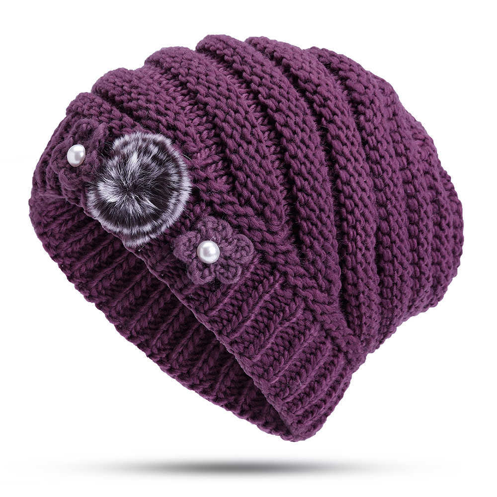 Winter-Warm-Fashion-Lined-Velvet-Two-Pearls-Blossom-Ball-Knit-Weaving-Elegant-Hat-Beanie-1370539