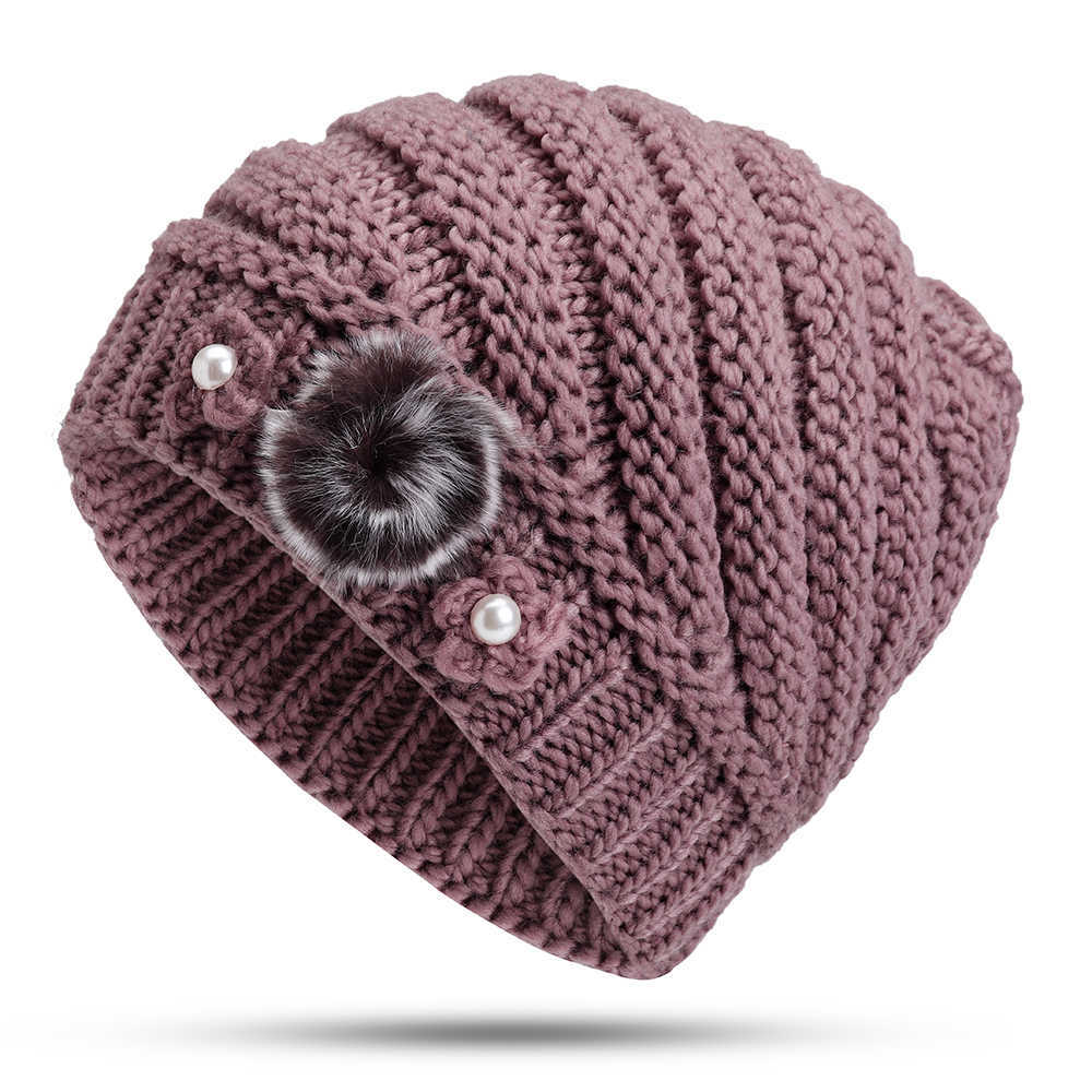 Winter-Warm-Fashion-Lined-Velvet-Two-Pearls-Blossom-Ball-Knit-Weaving-Elegant-Hat-Beanie-1370539