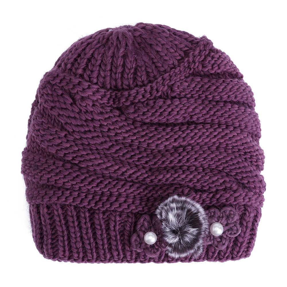 Winter-Warm-Fashion-Lined-Velvet-Two-Pearls-Blossom-Ball-Knit-Weaving-Elegant-Hat-Beanie-1370539