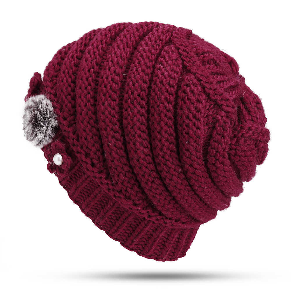 Winter-Warm-Fashion-Lined-Velvet-Two-Pearls-Blossom-Ball-Knit-Weaving-Elegant-Hat-Beanie-1370539