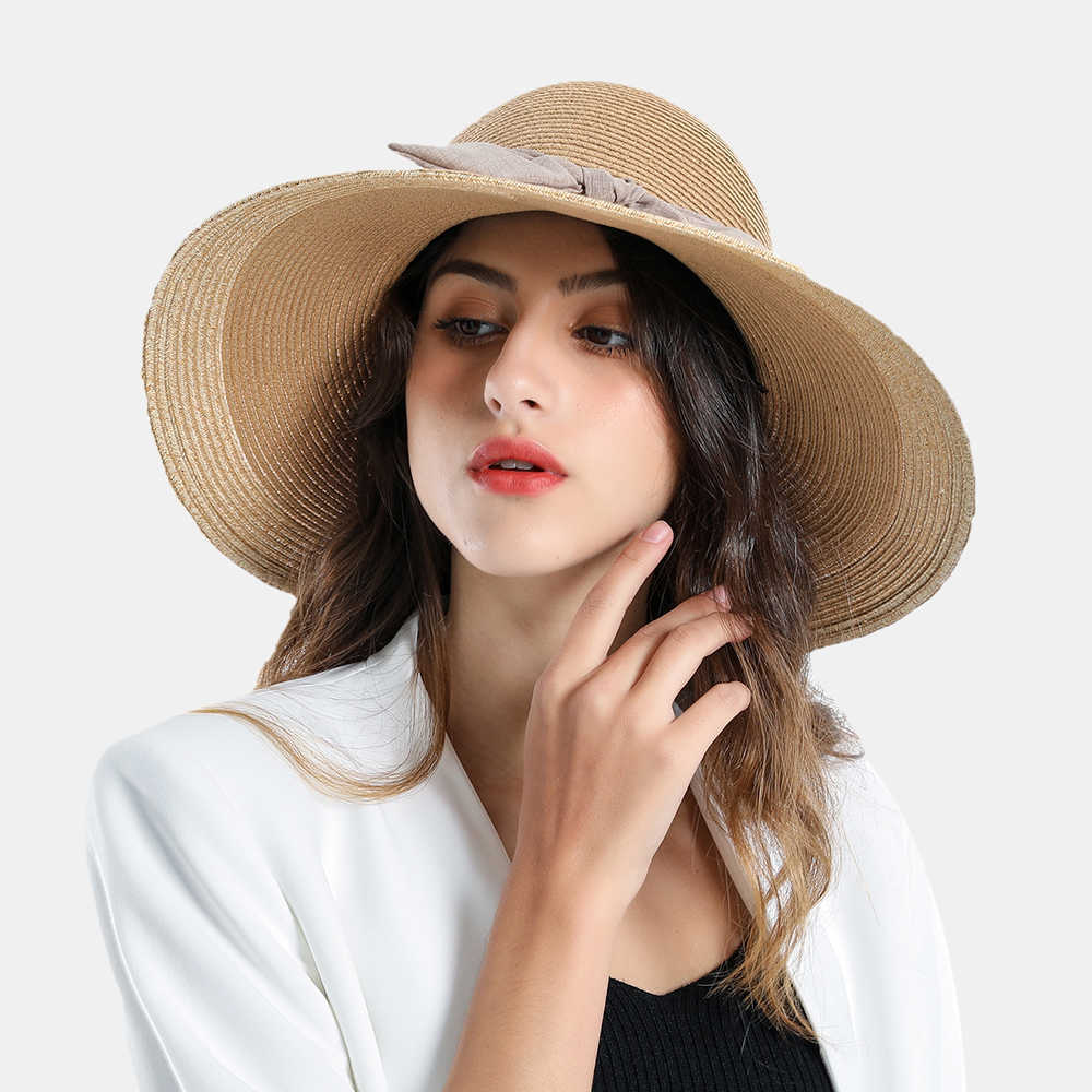 Woman-Solid-Color-Cotton-With-Linen-Bow-Travel-Holiday-Sun-Seaside-Hat-1509274