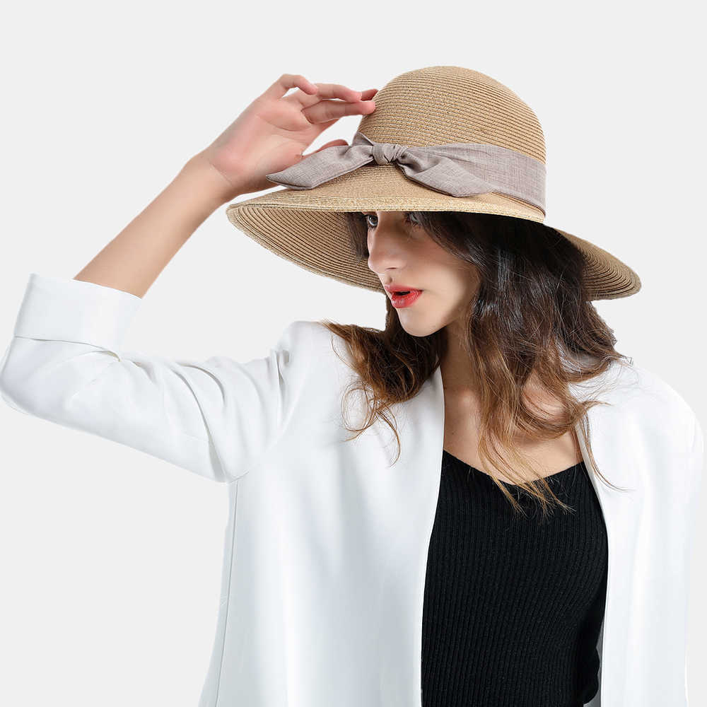 Woman-Solid-Color-Cotton-With-Linen-Bow-Travel-Holiday-Sun-Seaside-Hat-1509274