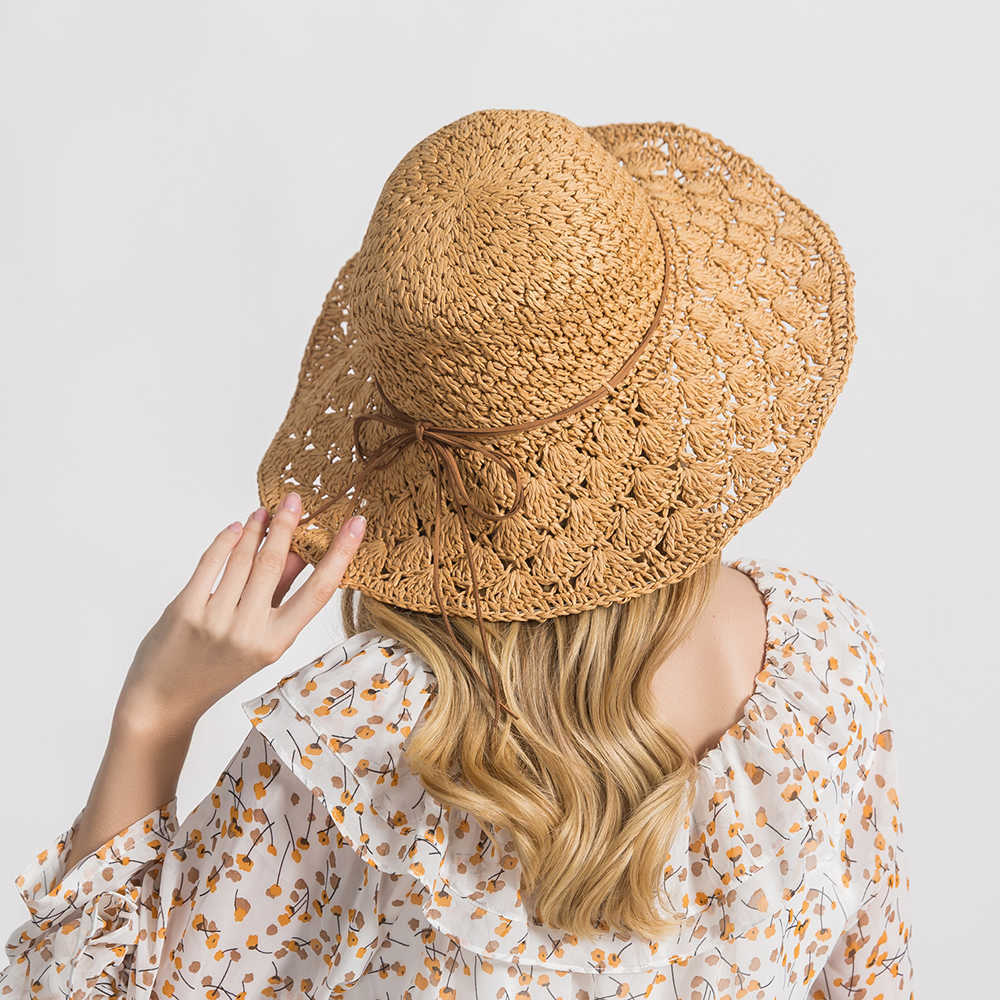 Woman-Solid-Color-Large-Edge-Cap-Travel-Shade-Straw-Hat-With-Fine-Needle-Leather-Rope-1509277