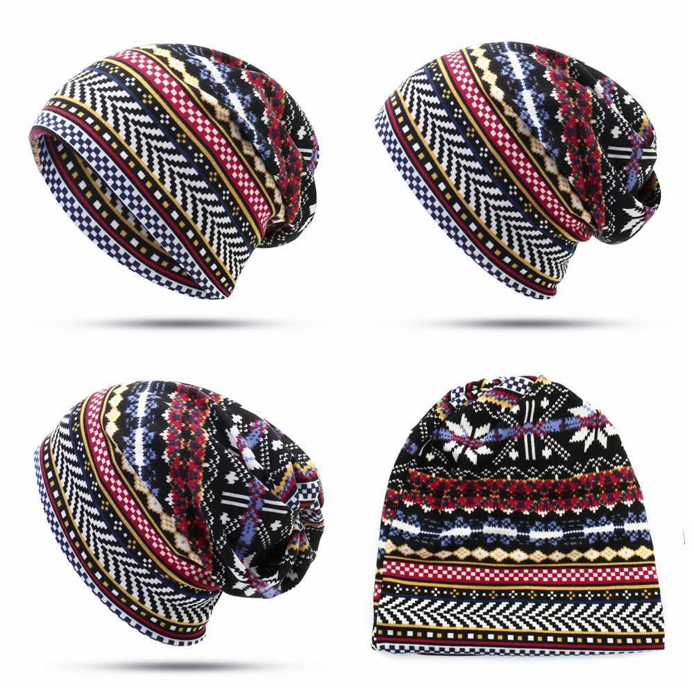 Women-Bohemian-Ethnic-Multi-purpose-Print-Beanie-Hat-Scarf-Double-Layers-Skullcap-1382508