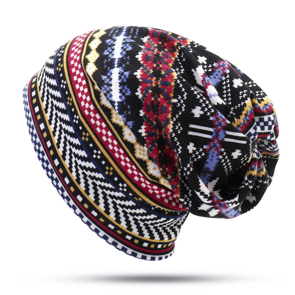 Women-Bohemian-Ethnic-Multi-purpose-Print-Beanie-Hat-Scarf-Double-Layers-Skullcap-1382508