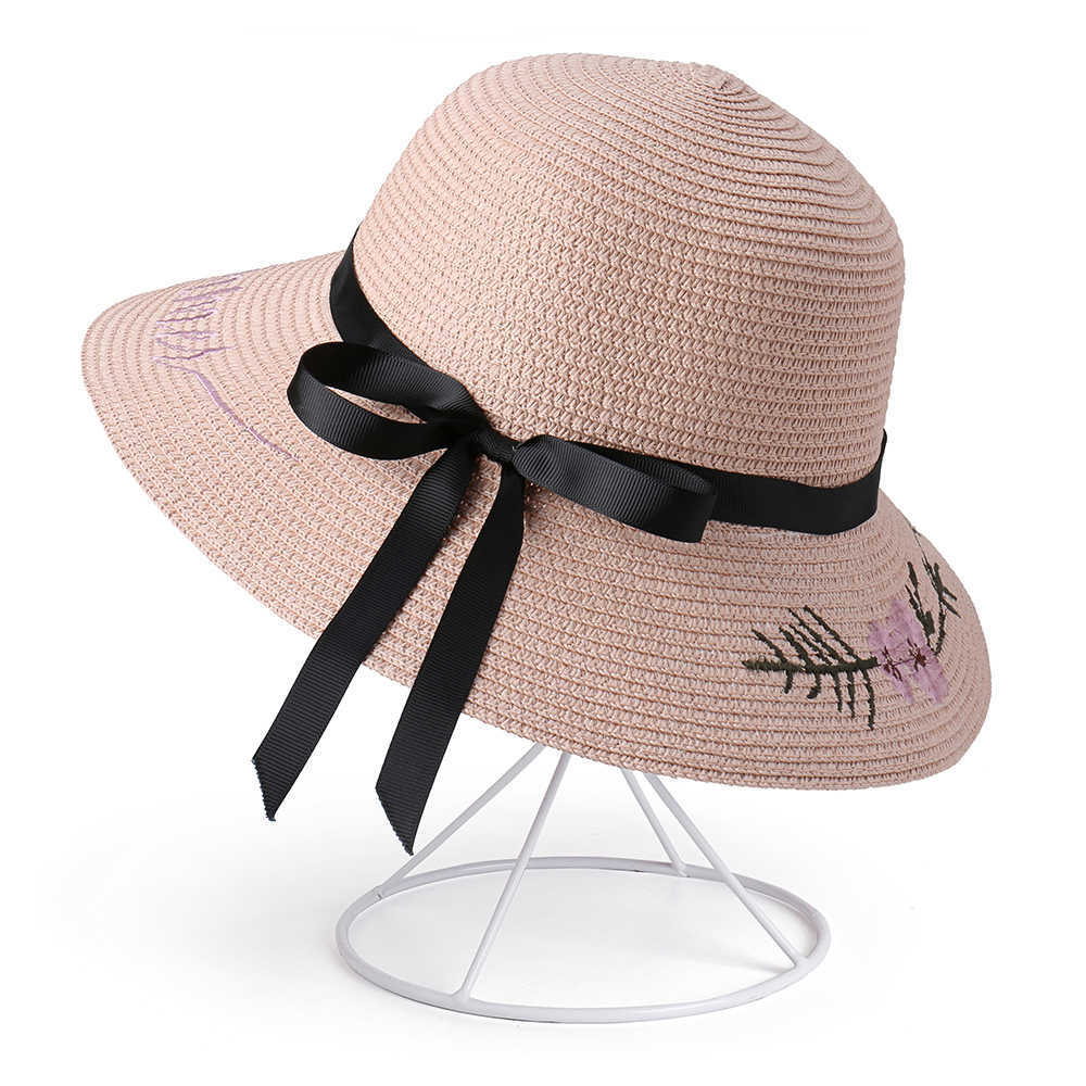 Women-Bow-Foldable-Sunscreen-Bucket-Straw-Hat-Outdoor-Casual-Travel-Beach-Sea-Floppy-Hat-1455384