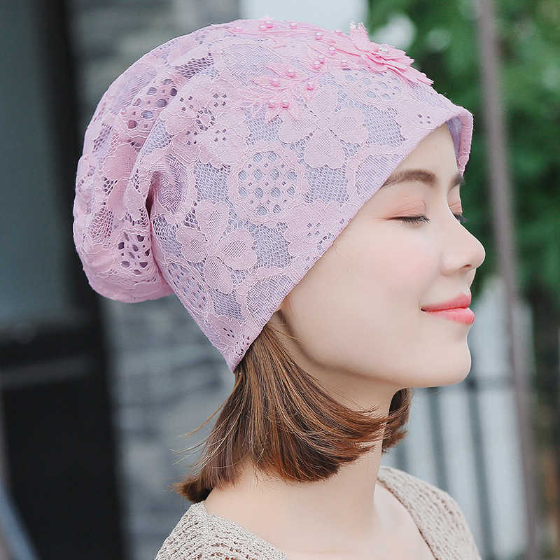 Women-Casual-Lace-Cotton-Double-Layers-Chemical-Turban-Outdoor-Hollow-Out-Beanie-Cap-1346590