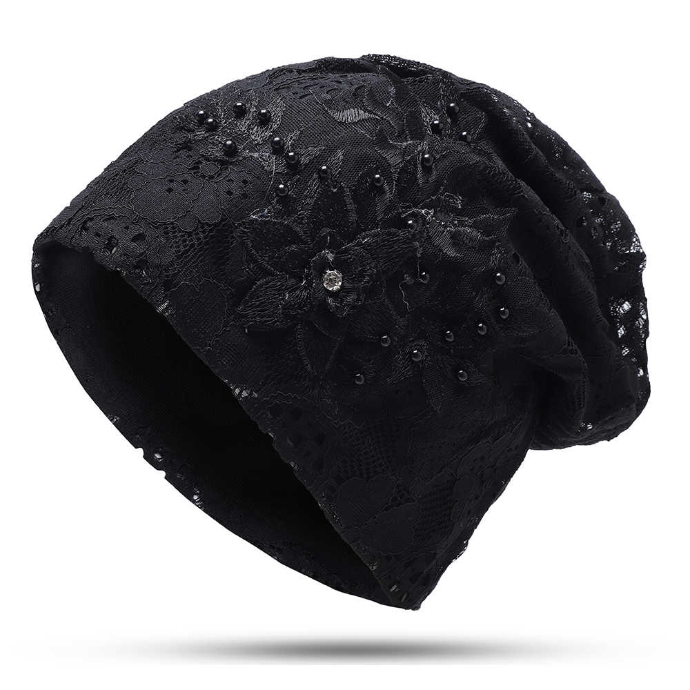 Women-Casual-Lace-Cotton-Double-Layers-Chemical-Turban-Outdoor-Hollow-Out-Beanie-Cap-1346590