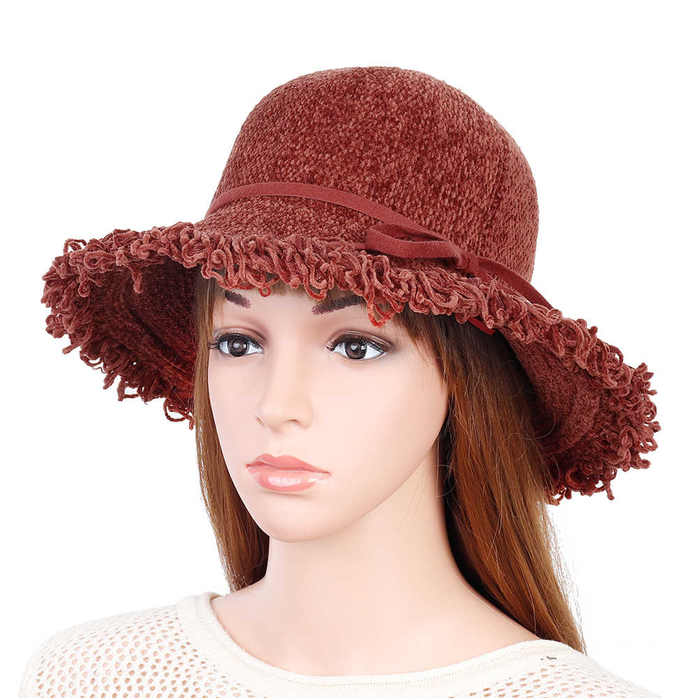 Women-Chenille-Foldable-Bucket-Hat-Bow-Fisheman-Hat-1372362