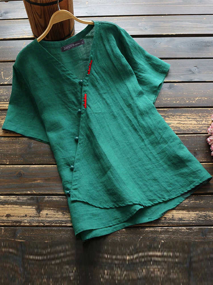 Women-Chinese-Style-Pure-Color-Cotton-Short-Sleeve-Button-Down-T-Shirts-1545944