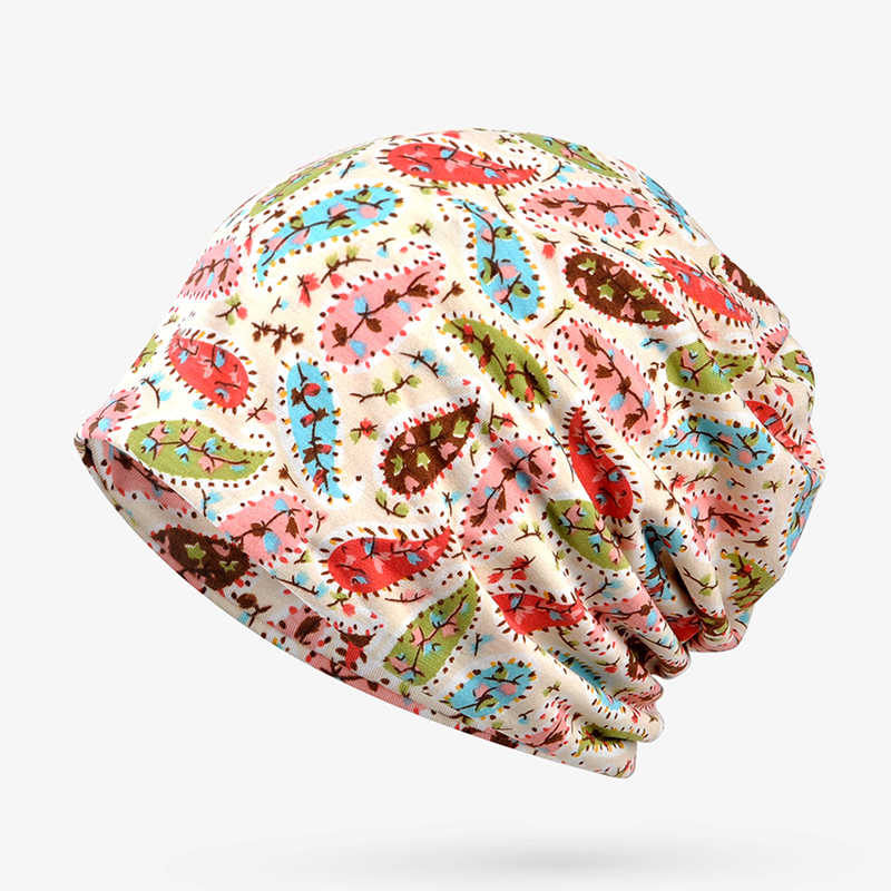 Women-Cotton-Cashew-Floral-Multi-purpose-Double-Layers-Beanie-Hat-Scarf-Fashion-Soft-Skullcap-1338746