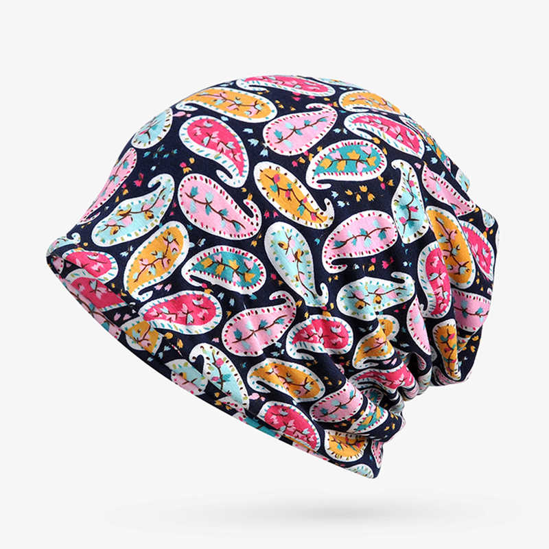 Women-Cotton-Cashew-Floral-Multi-purpose-Double-Layers-Beanie-Hat-Scarf-Fashion-Soft-Skullcap-1338746