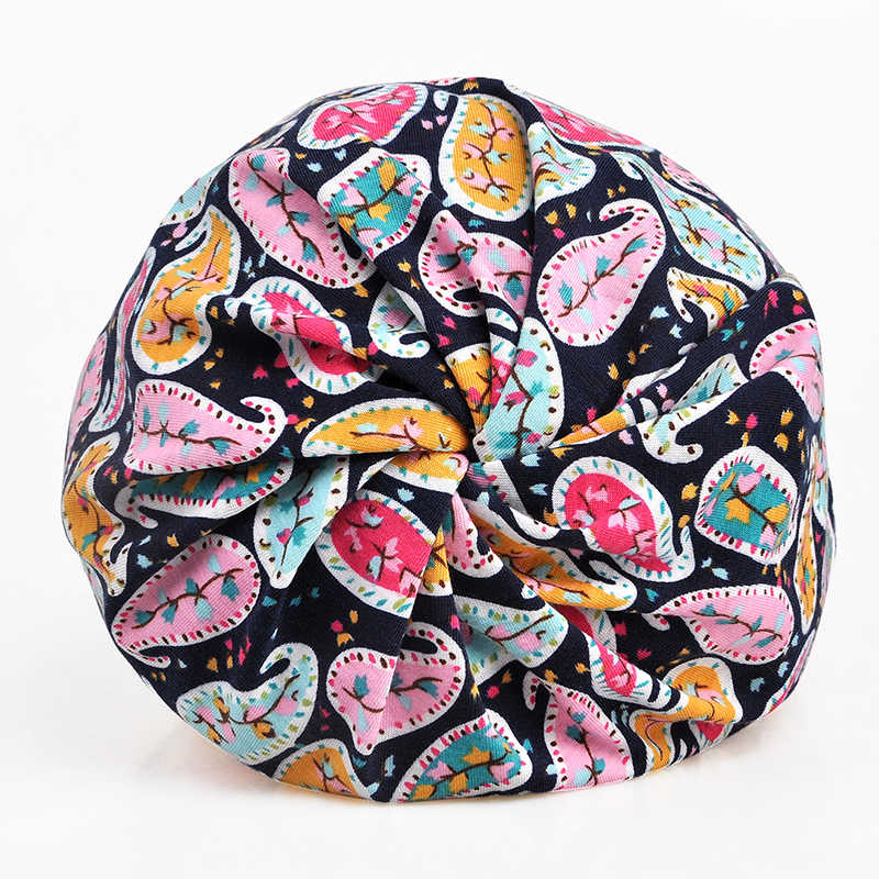 Women-Cotton-Cashew-Floral-Multi-purpose-Double-Layers-Beanie-Hat-Scarf-Fashion-Soft-Skullcap-1338746