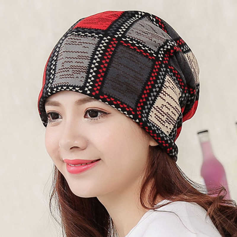 Women-Cotton-Ethnic-Plaid-Beanie-Hat-Vintage-Good-Elastic-Warm-Winter-Turban-Scarf-Caps-1331338