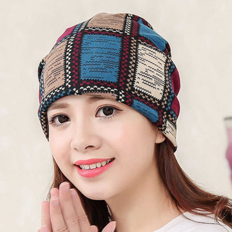 Women-Cotton-Ethnic-Plaid-Beanie-Hat-Vintage-Good-Elastic-Warm-Winter-Turban-Scarf-Caps-1331338