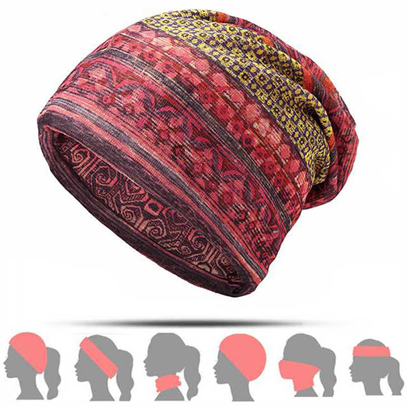 Women-Cotton-Ethnic-Plaid-Multifunctional-Beanie-Hat-Scarf-Vintage-Good-Elastic-Turban-Caps-1327219