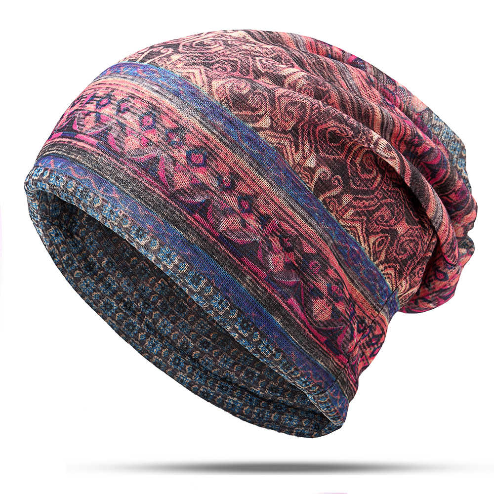 Women-Cotton-Ethnic-Plaid-Multifunctional-Beanie-Hat-Scarf-Vintage-Good-Elastic-Turban-Caps-1327219