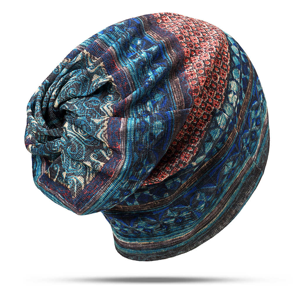 Women-Cotton-Ethnic-Plaid-Multifunctional-Beanie-Hat-Scarf-Vintage-Good-Elastic-Turban-Caps-1327219