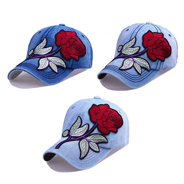 Women-Denim-Applique-Rose-Hat-Sunshade-Outdoor-Baseball-Cap-1205788