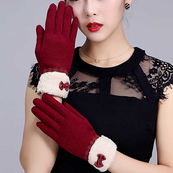 Women-Elegant-Winter-Plush-Warm-Gloves-Bow-Lace-Outdoor-Windproof-Christmas-Mittens-1229999