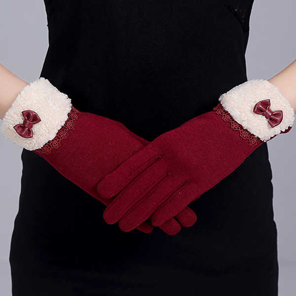 Women-Elegant-Winter-Plush-Warm-Gloves-Bow-Lace-Outdoor-Windproof-Christmas-Mittens-1229999