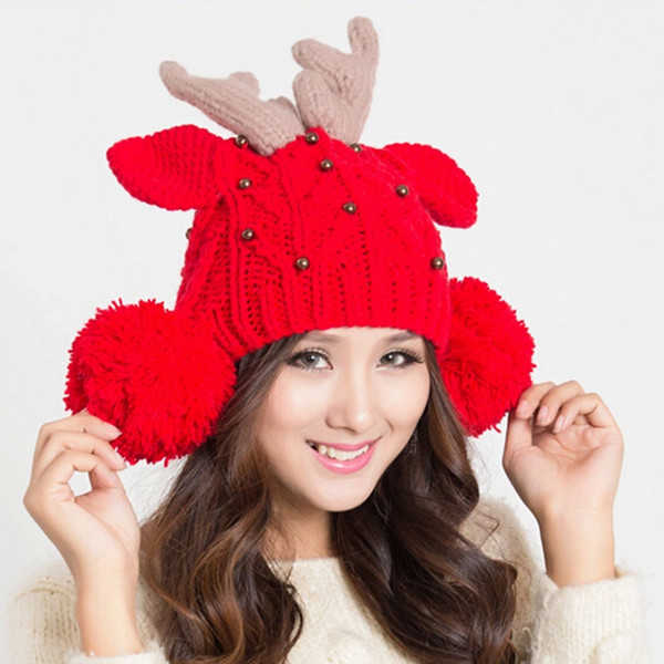 Women-Elk-Horn-Lovely-Knitted-Winter-Ball-Beanies-Hat-955248