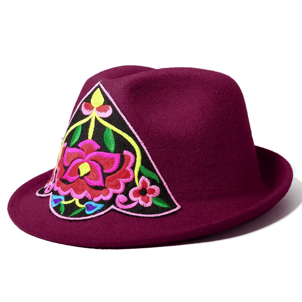 Women-Embroidery-Flower-Small-Brim-Fedora-Hat-Ethnic-Top-Cap-1396099