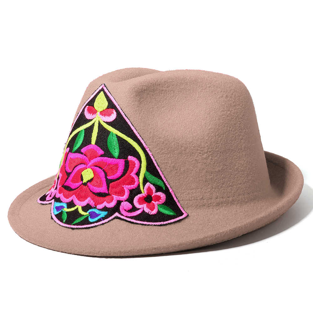 Women-Embroidery-Flower-Small-Brim-Fedora-Hat-Ethnic-Top-Cap-1396099