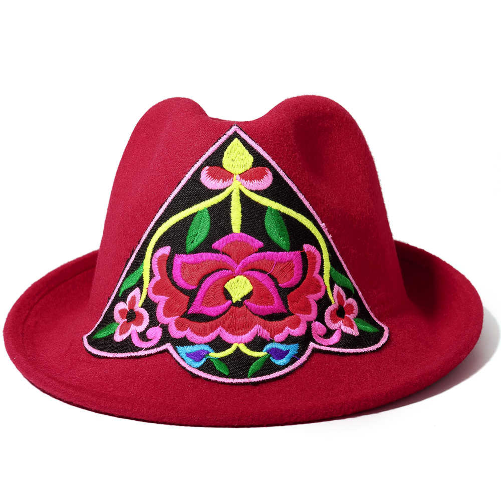 Women-Embroidery-Flower-Small-Brim-Fedora-Hat-Ethnic-Top-Cap-1396099