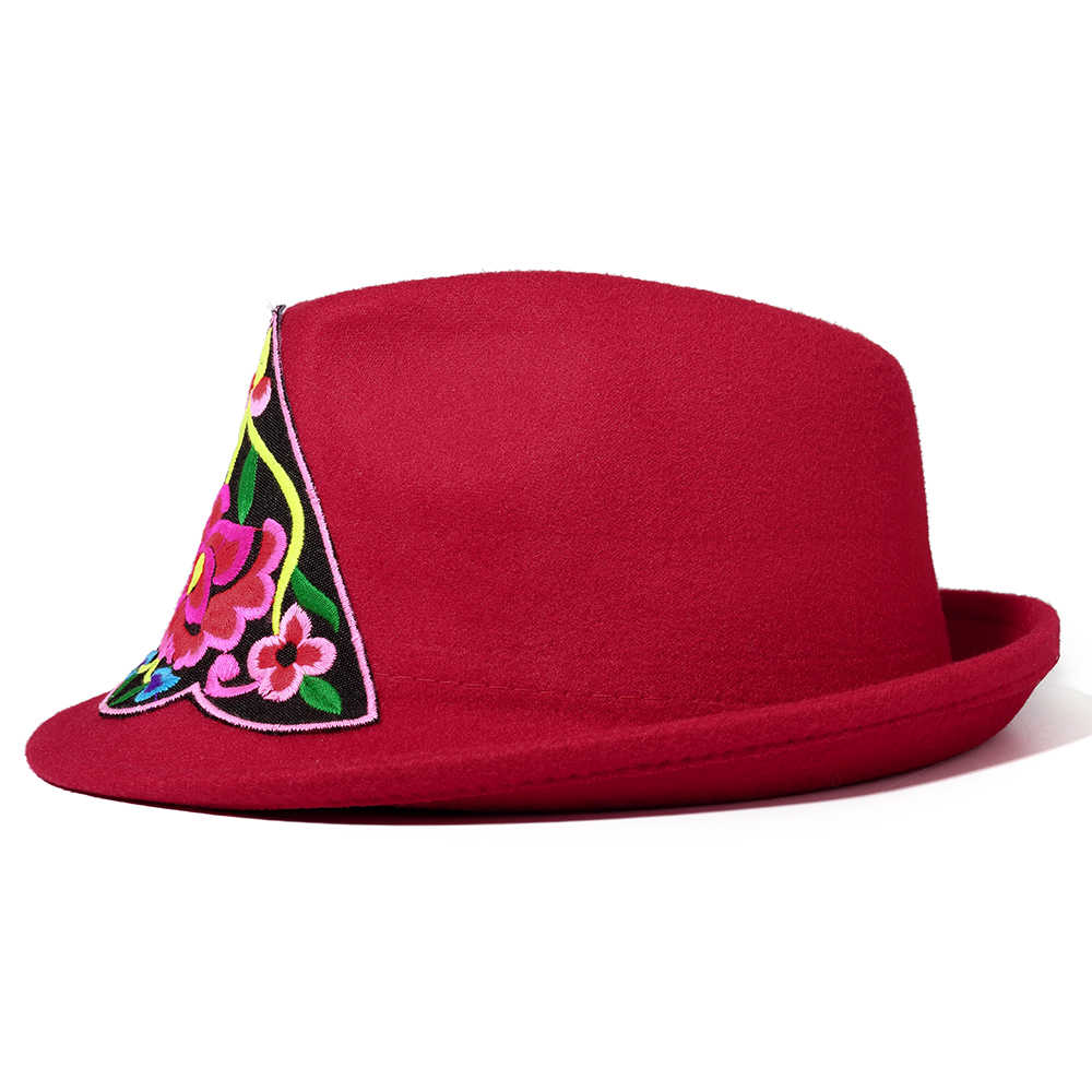 Women-Embroidery-Flower-Small-Brim-Fedora-Hat-Ethnic-Top-Cap-1396099