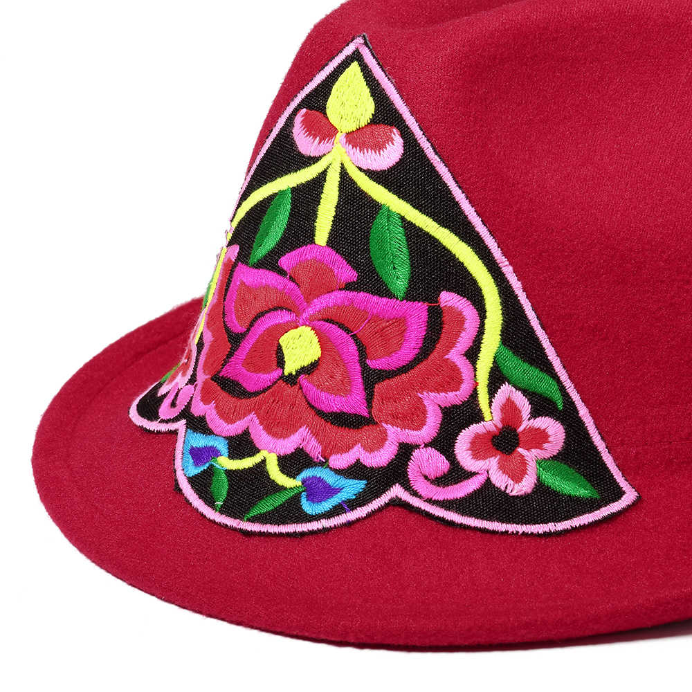 Women-Embroidery-Flower-Small-Brim-Fedora-Hat-Ethnic-Top-Cap-1396099