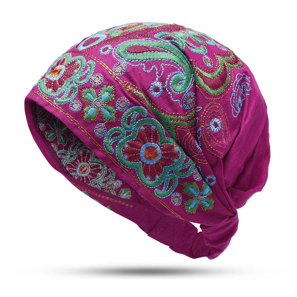 Women-Ethnic-Embroidery-Cotton-Beanie-Caps-Vintage-Good-Elastic-Breathable-Turban-Caps-1333490