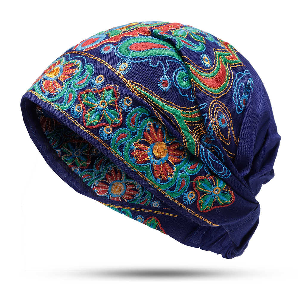 Women-Ethnic-Embroidery-Cotton-Beanie-Caps-Vintage-Good-Elastic-Breathable-Turban-Caps-1333490