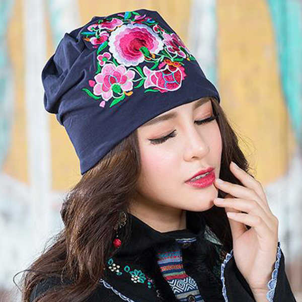 Women-Ethnic-Embroidery-Slouch-Skullcap-Thin-Cotton-Breathable-Beanie-Hat-Printting-Turban-Cap-1265394