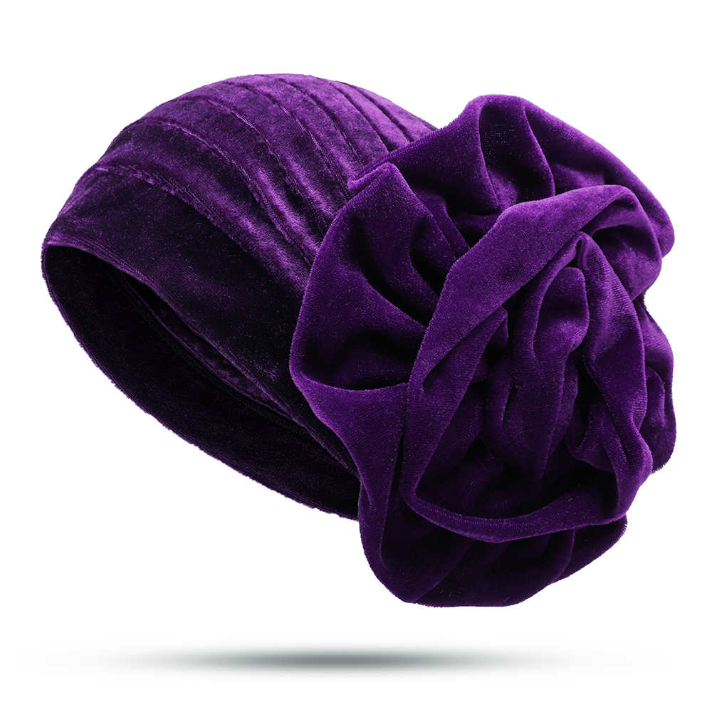 Women-Ethnic-Pleuche-Flannel-Big-Flower-Updo-Headband-Cap-Casual-Warm-Headscarf-Turban-Hat-1386836