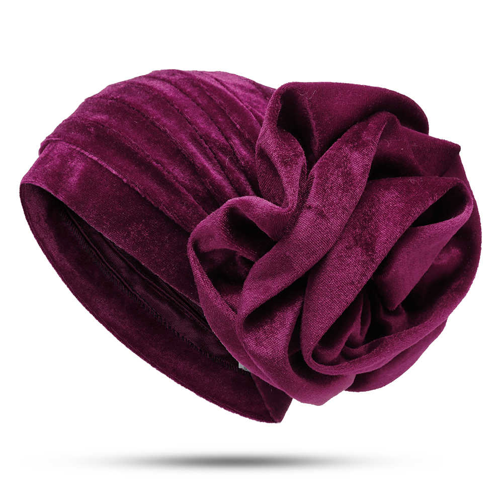 Women-Ethnic-Pleuche-Flannel-Big-Flower-Updo-Headband-Cap-Casual-Warm-Headscarf-Turban-Hat-1386836