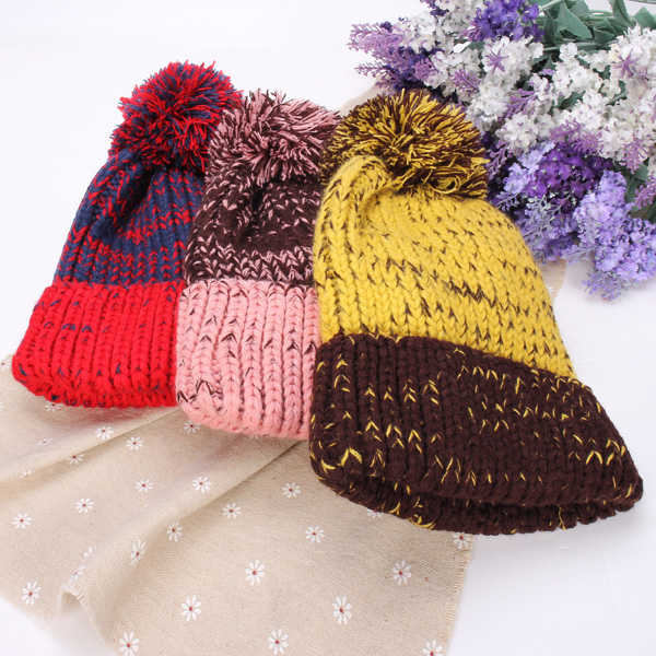 Women-Fashion-Mix-Two-Color-Knit-Hat-Fluff-Ball-Wool-Cap-953784