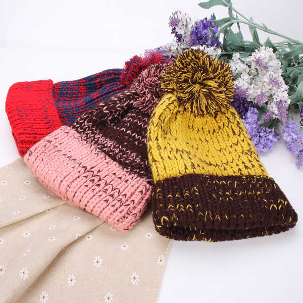 Women-Fashion-Mix-Two-Color-Knit-Hat-Fluff-Ball-Wool-Cap-953784