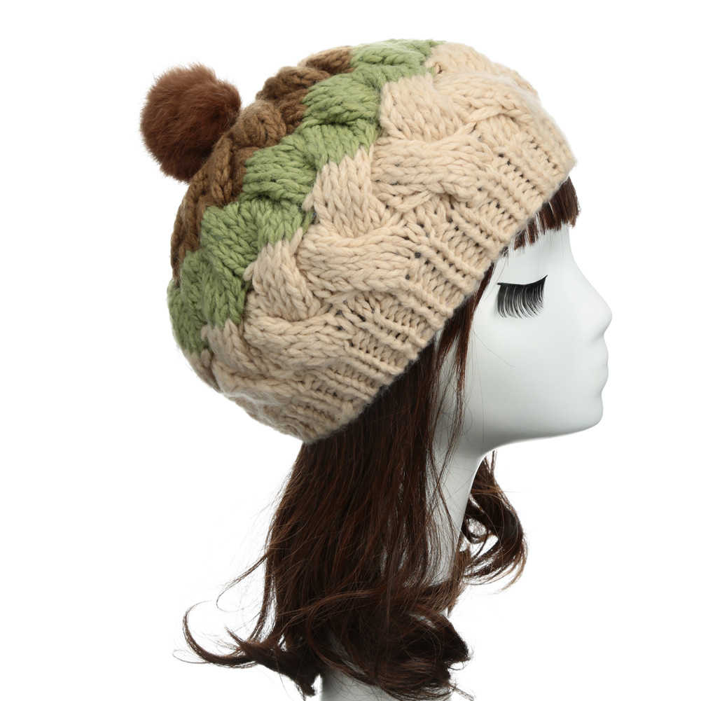 Women-Female-Knitted-Flat-Rabbit-Fur-Ball-Beanie-Hat-Adjustable-Elastic-Beret-Cap-1011523