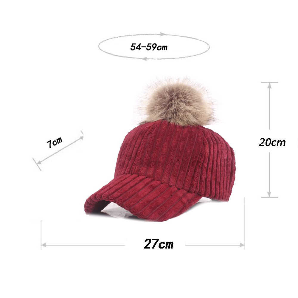 Women-Girls-Winter-Corduroy-Thick-Strip-Pompom-Outdoor-Sports-Baseball-Peaked-Cap-1349738