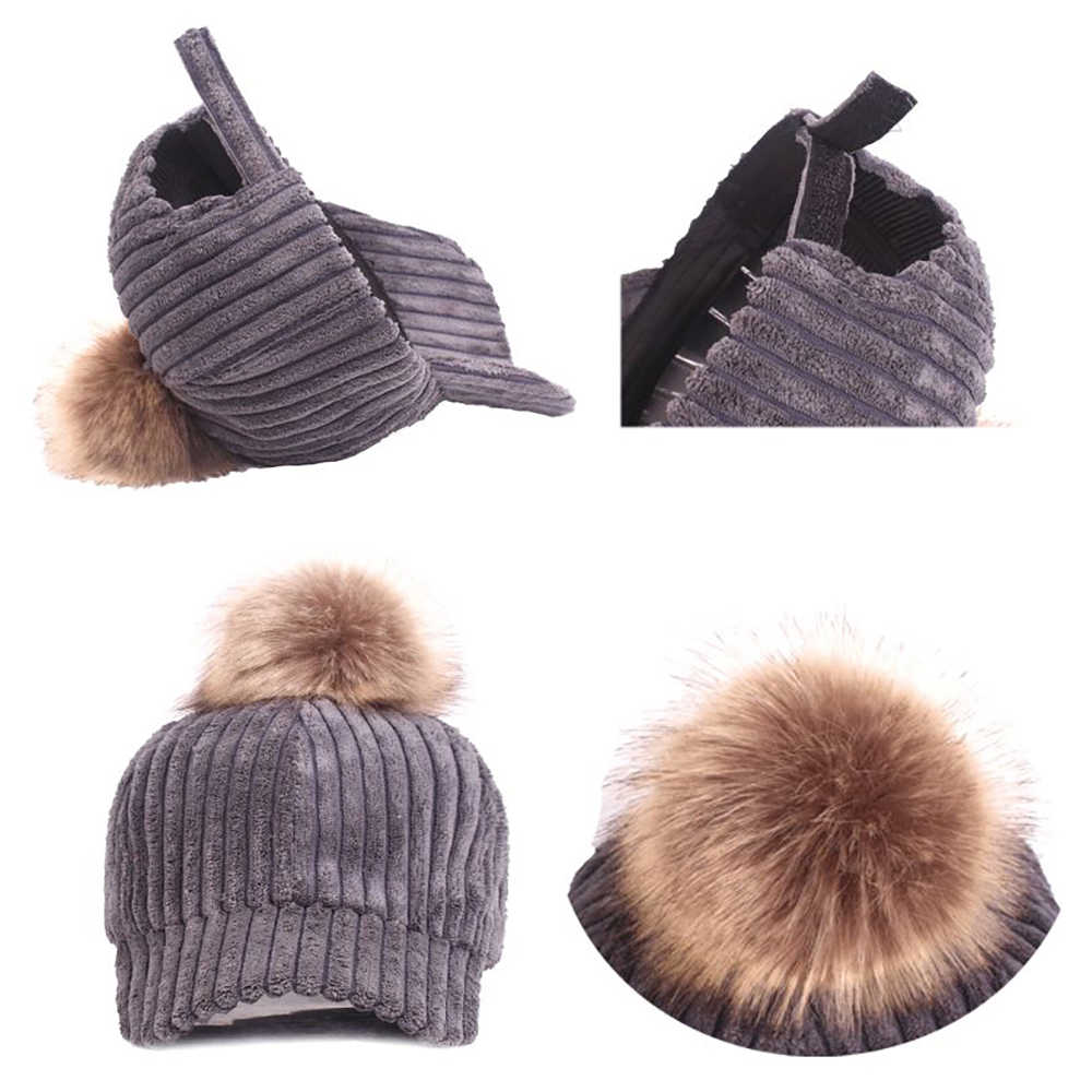Women-Girls-Winter-Corduroy-Thick-Strip-Pompom-Outdoor-Sports-Baseball-Peaked-Cap-1349738