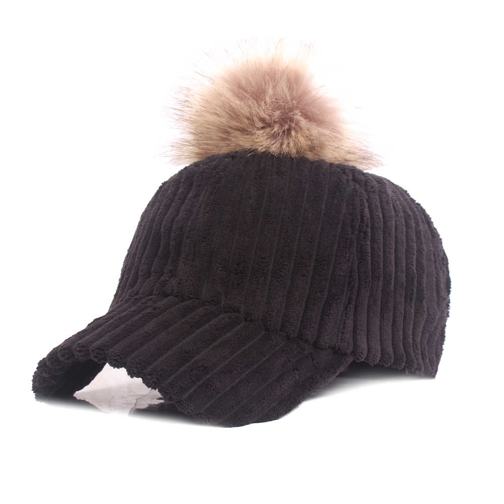Women-Girls-Winter-Corduroy-Thick-Strip-Pompom-Outdoor-Sports-Baseball-Peaked-Cap-1349738