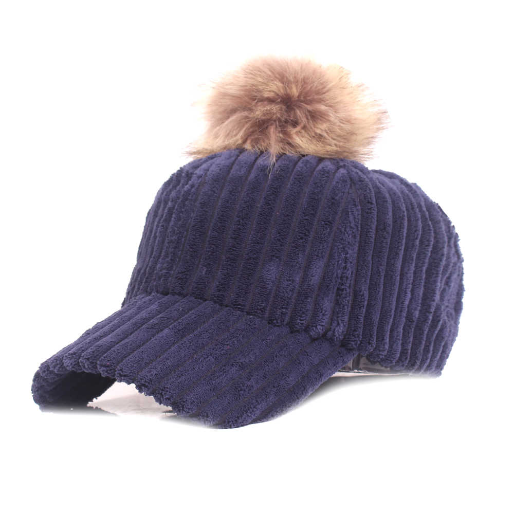 Women-Girls-Winter-Corduroy-Thick-Strip-Pompom-Outdoor-Sports-Baseball-Peaked-Cap-1349738