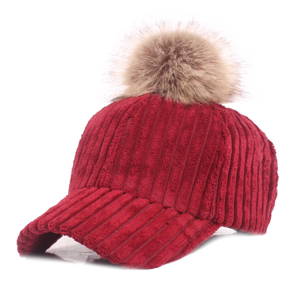 Women-Girls-Winter-Corduroy-Thick-Strip-Pompom-Outdoor-Sports-Baseball-Peaked-Cap-1349738
