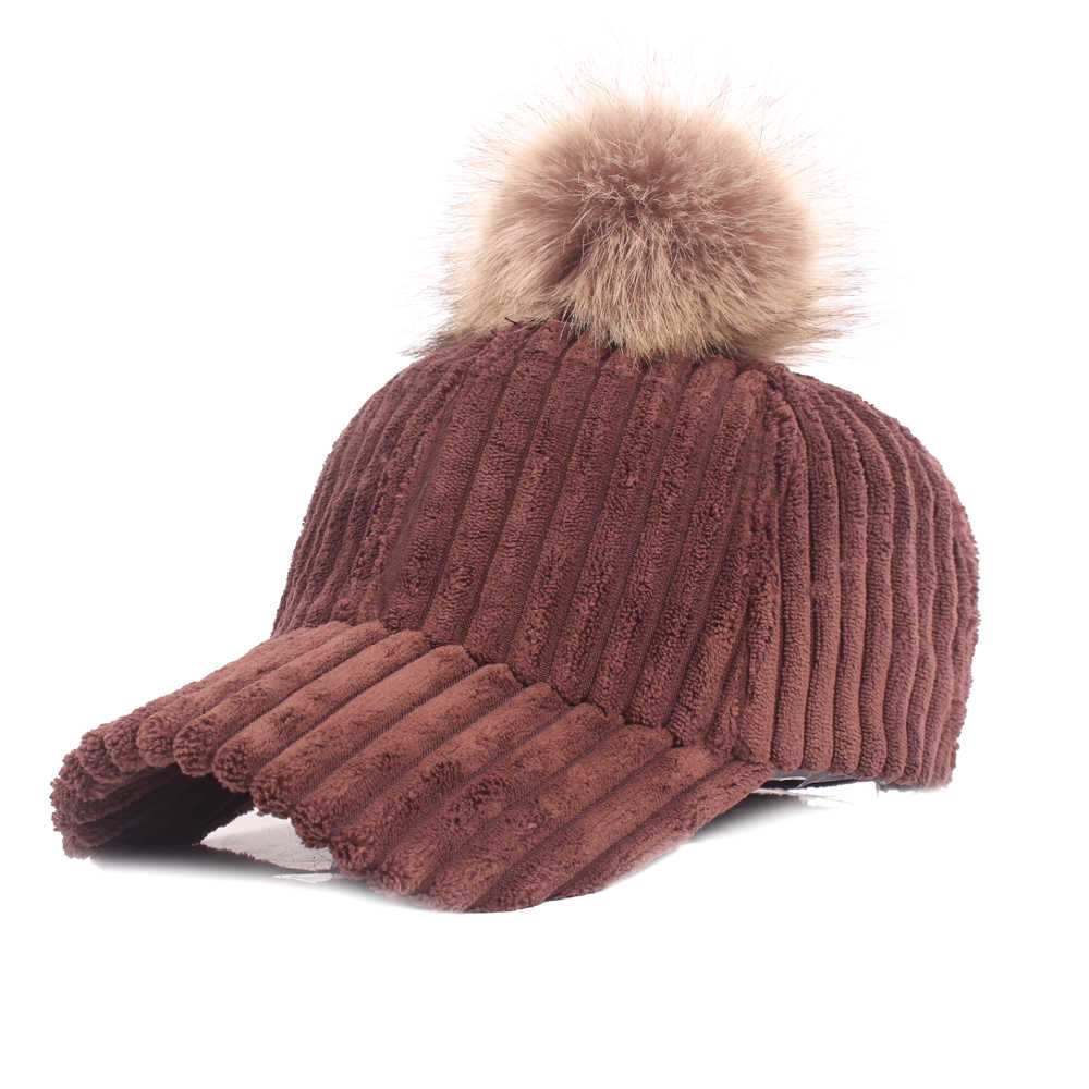 Women-Girls-Winter-Corduroy-Thick-Strip-Pompom-Outdoor-Sports-Baseball-Peaked-Cap-1349738
