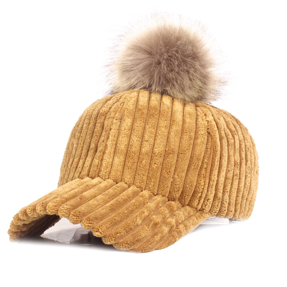 Women-Girls-Winter-Corduroy-Thick-Strip-Pompom-Outdoor-Sports-Baseball-Peaked-Cap-1349738